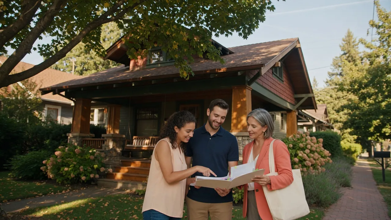 A young couple with their loan officer reviewing documents on a home's front porch on a sunny late summer afternoon