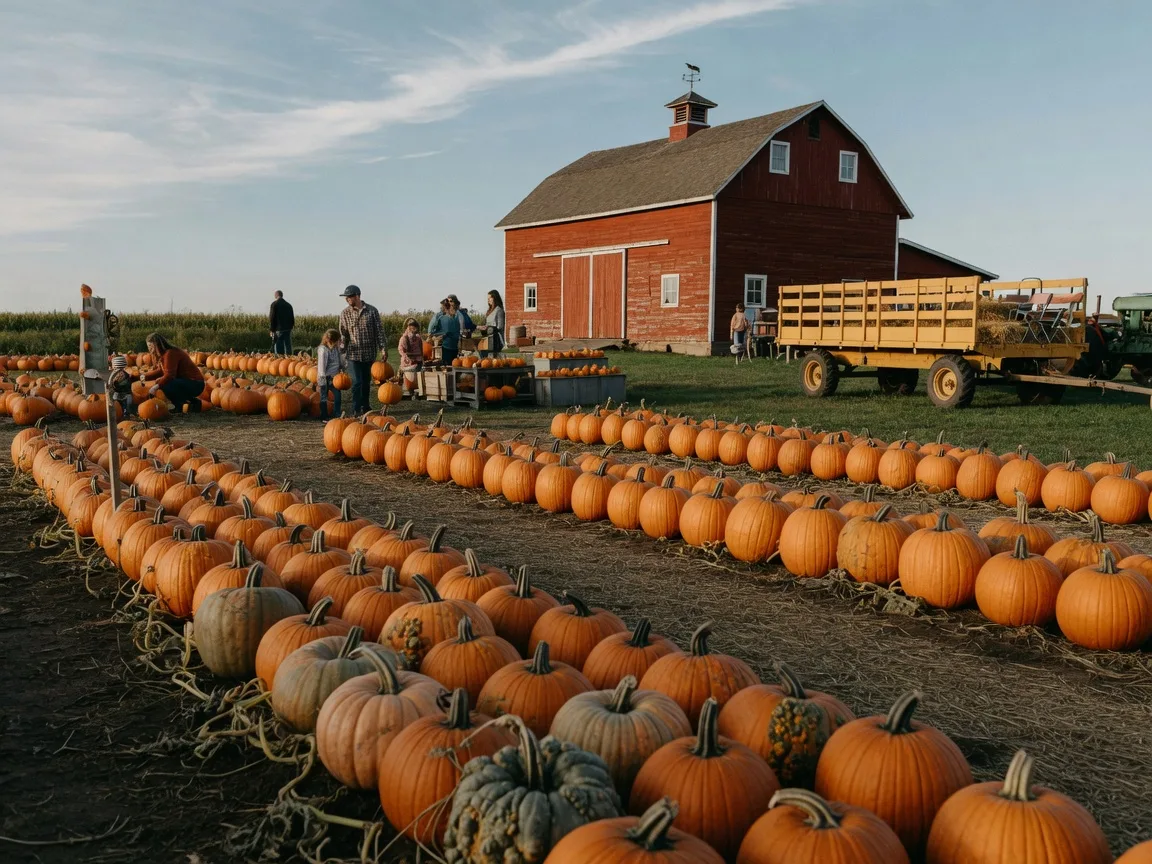Rows of pumpkins at Mapleside Farms in Brunswick with a red barn and hayride wagon in warm September light
