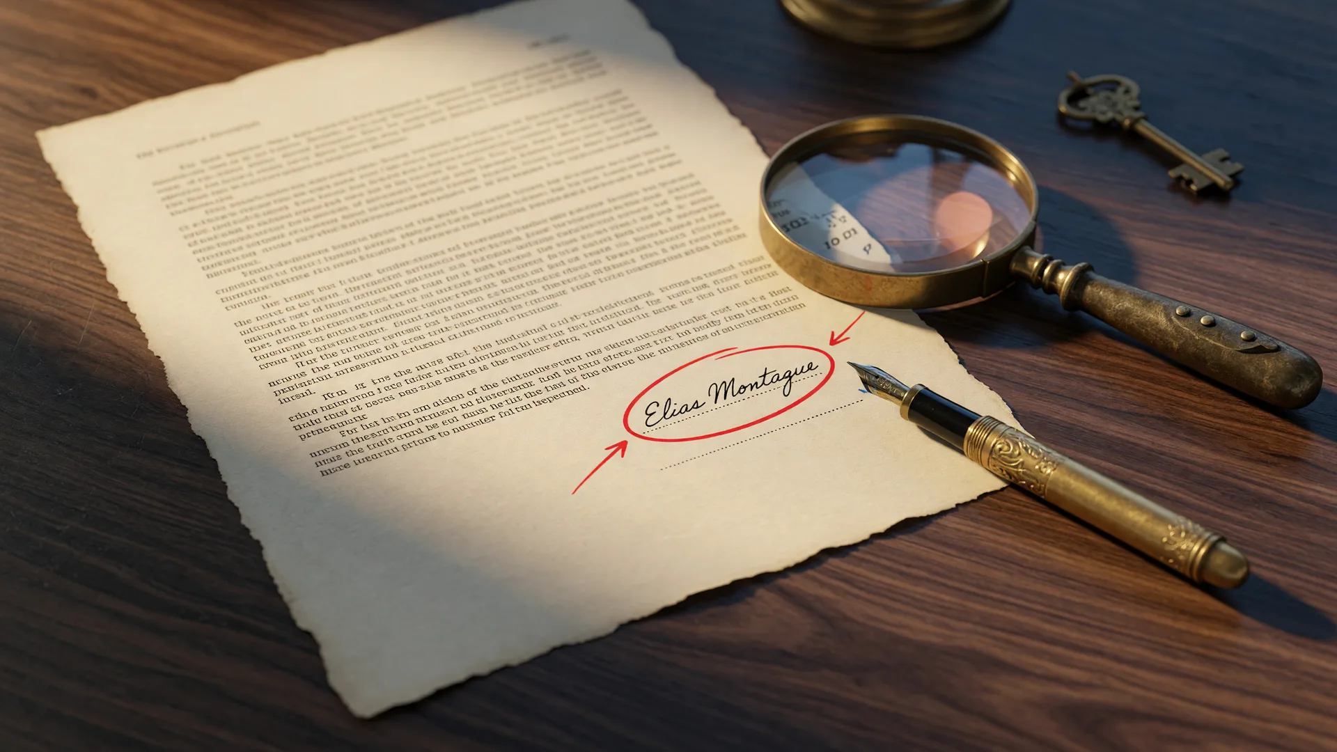 Legal deed on a dark wood desk with a name circled in red ink, a fountain pen, and a magnifying glass