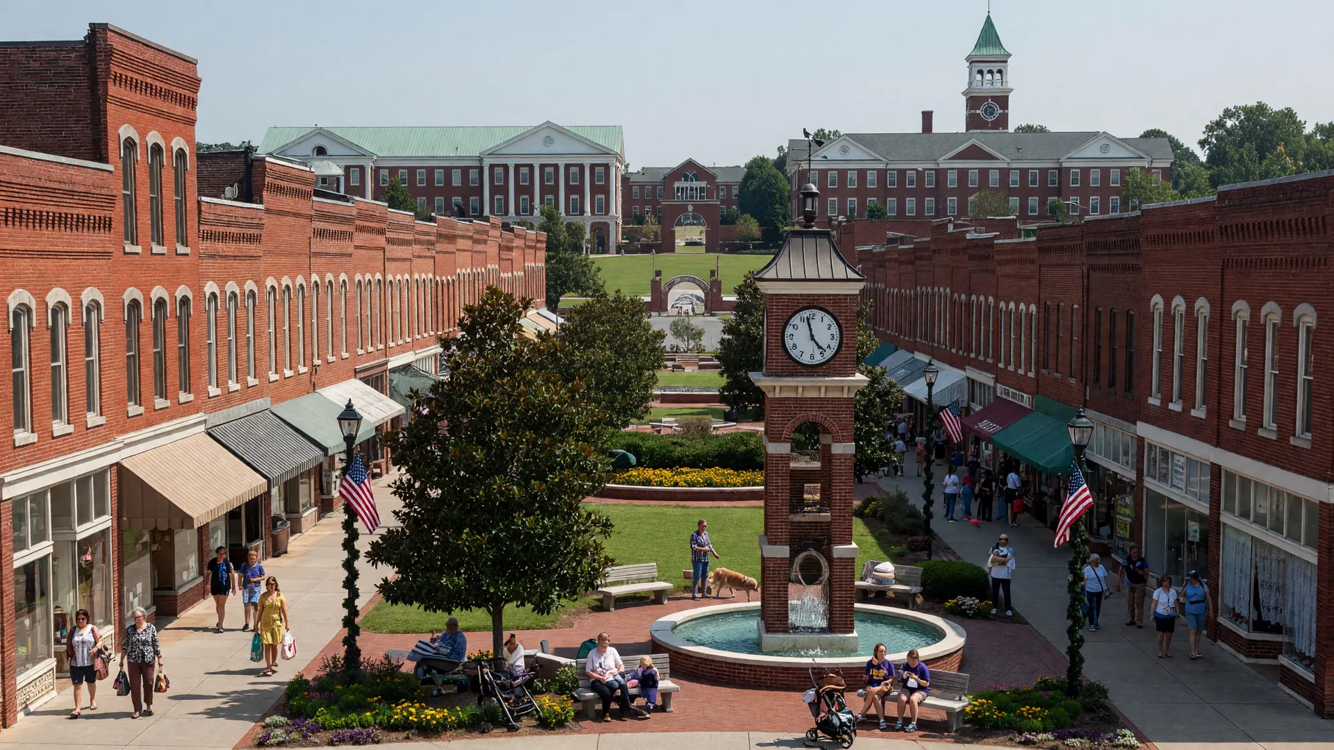 Rock Hill SC historic downtown with Fountain Park and clock tower