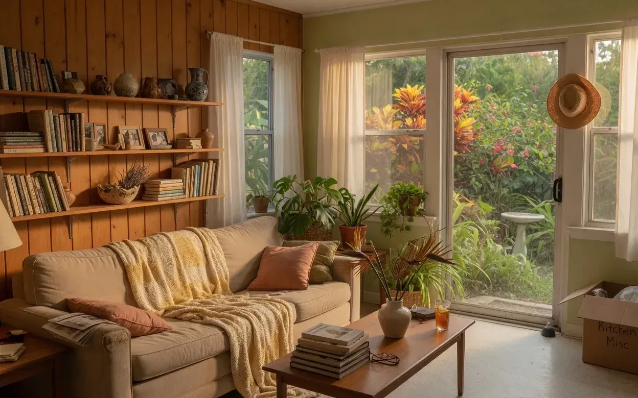 A calm, lived-in Florida living room bathed in warm light