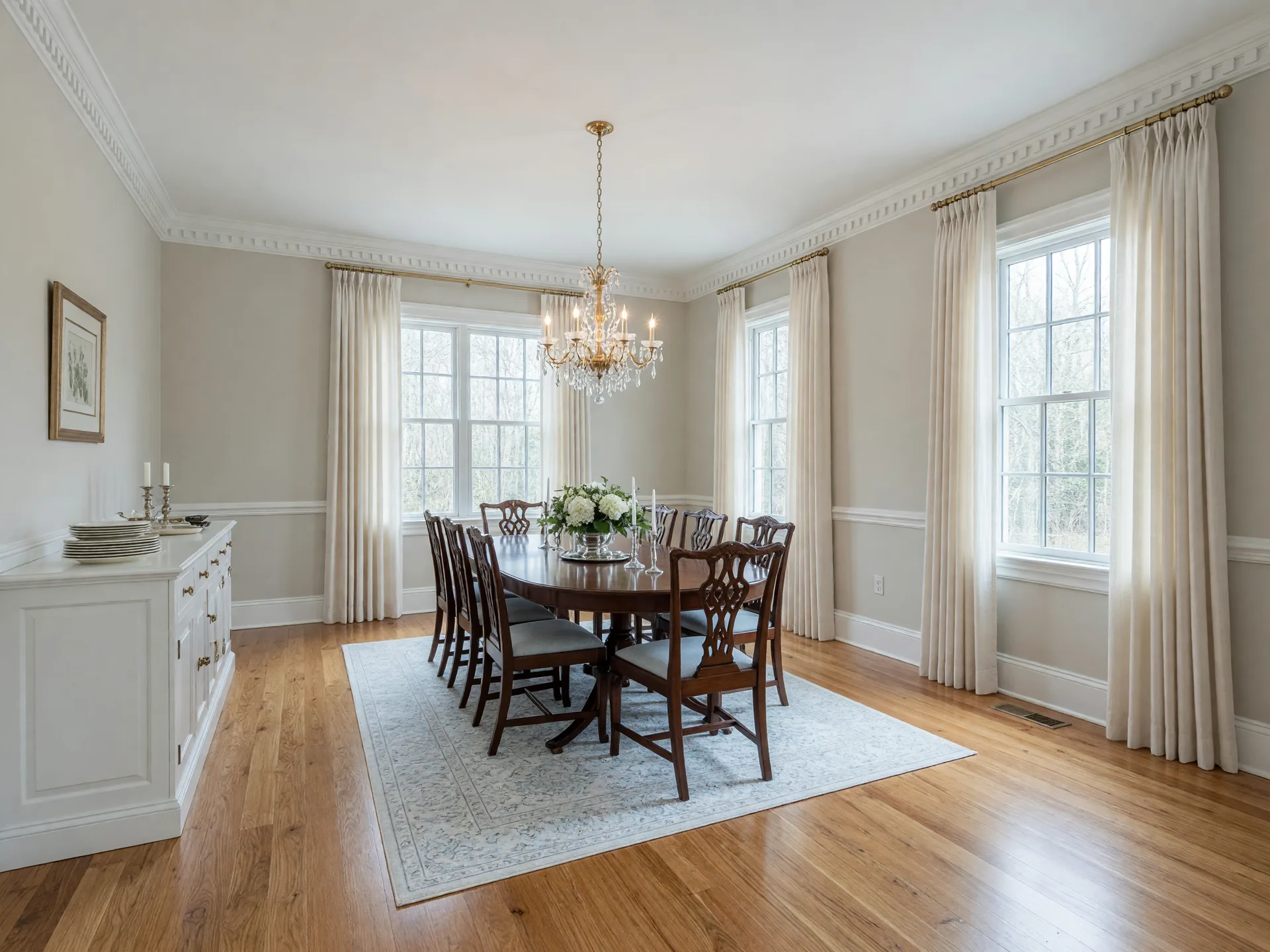 Formal dining room with chandelier and hardwood floors