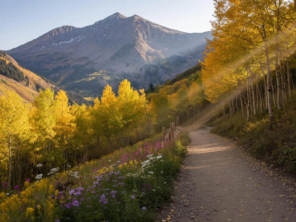 Scenic hiking trail near Alpine Utah with golden aspens, wildflowers, and Mount Timpanogos rising in the background on a warm afternoon