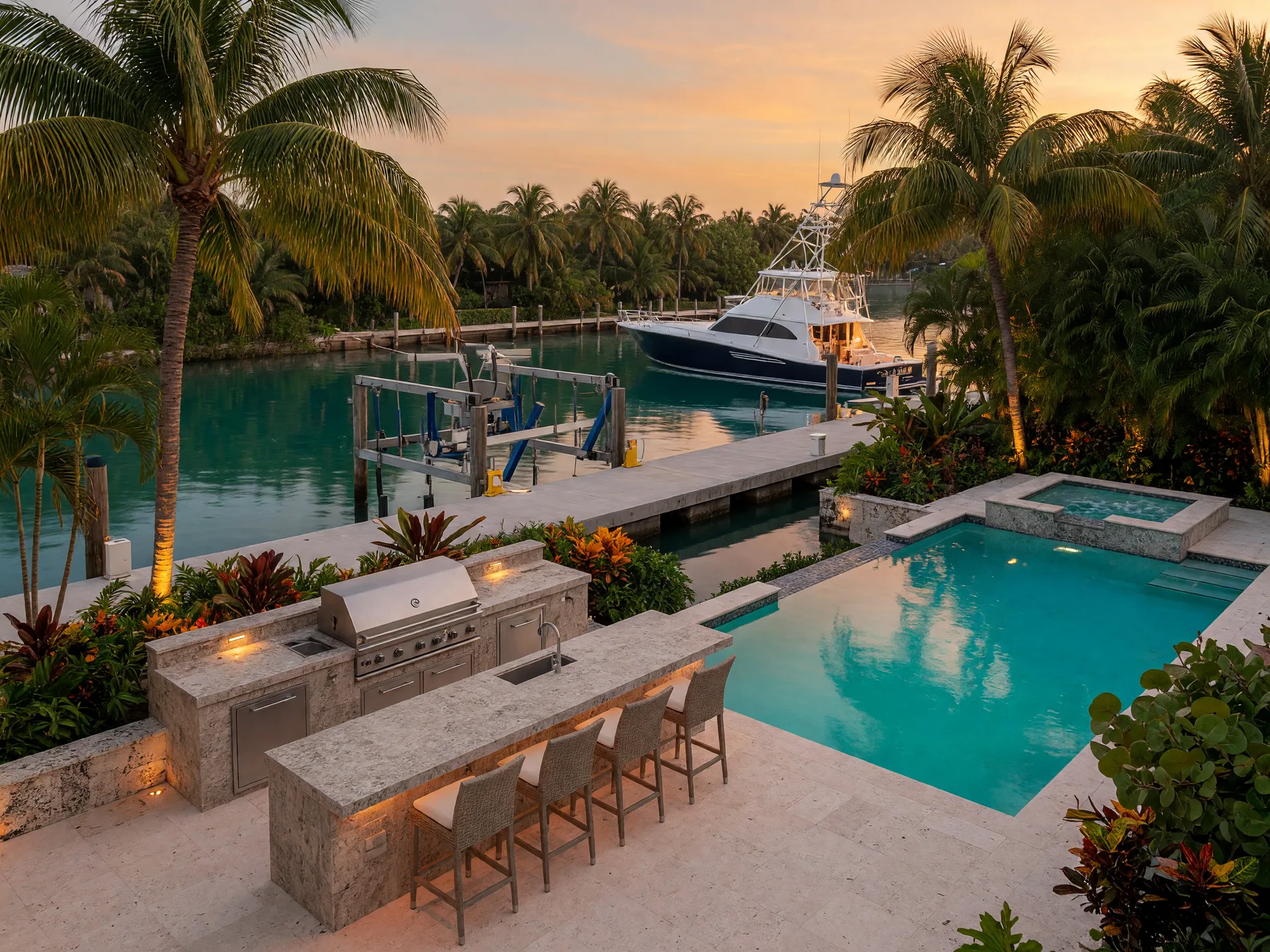 An elegant outdoor kitchen and pool terrace on a private Florida Keys waterfront estate at golden hour, stone counters with a built-in grill and bar seating, a turquoise pool with a spa at the edge toward a calm deep-water canal, a private concrete dock and boat lift with a sportfishing yacht in the distance, palms and tropical plantings with warm amber up-lighting