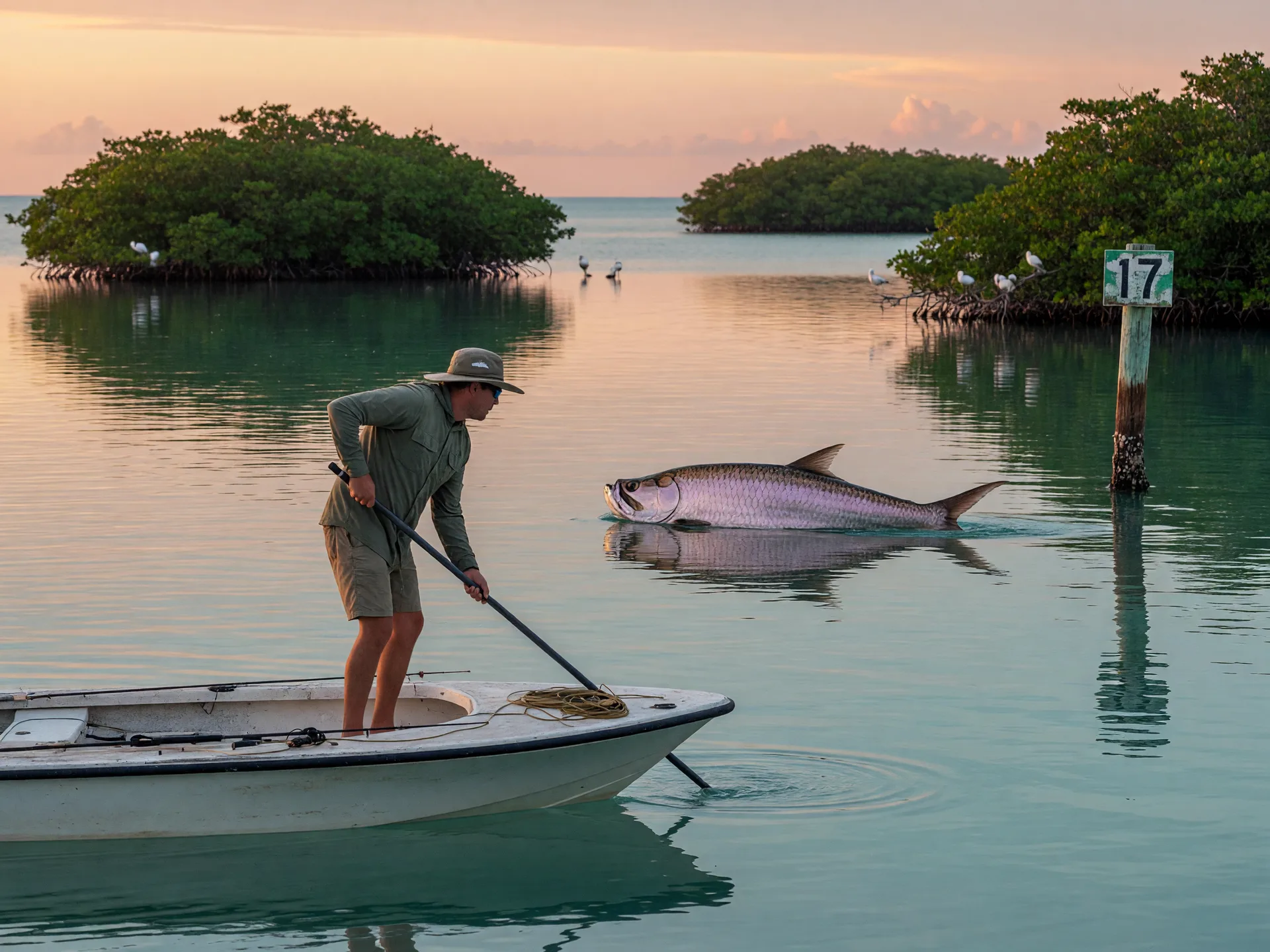 A lone angler poling a flats skiff across sunlit turquoise backcountry water near the Florida Keys at dawn, a tarpon rolling in the glassy shallows, a mangrove shoreline in the soft-focus distance under a pink and gold sky