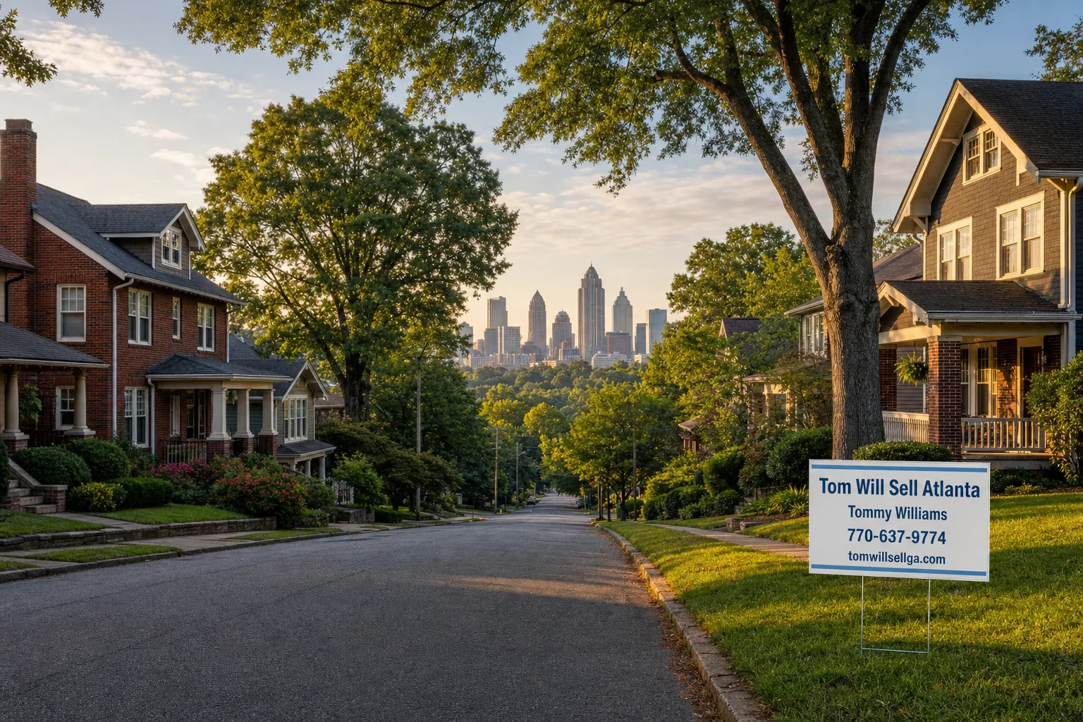 A quiet Metro Atlanta suburban street at golden hour with brick and craftsman homes under mature oak trees and a Tom Will Sell Atlanta yard sign with Tommy Williams' phone number, representing the market your client is moving into