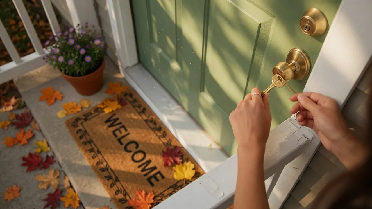 A key being placed into a new home's front door, symbolizing a fresh start