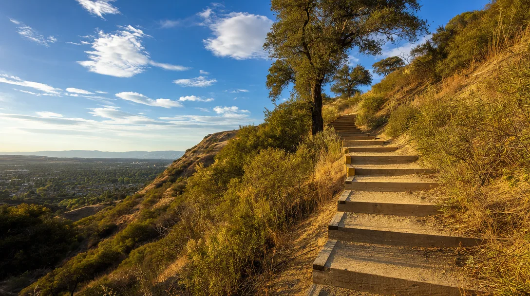Community-built staircase winding up a Santa Clarita Valley hillside with sweeping valley views