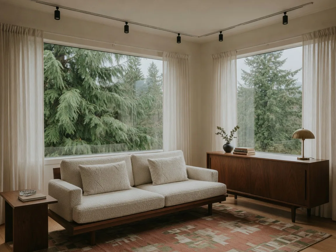 A professionally staged mid-century living room with low sofas, walnut credenza and tall windows