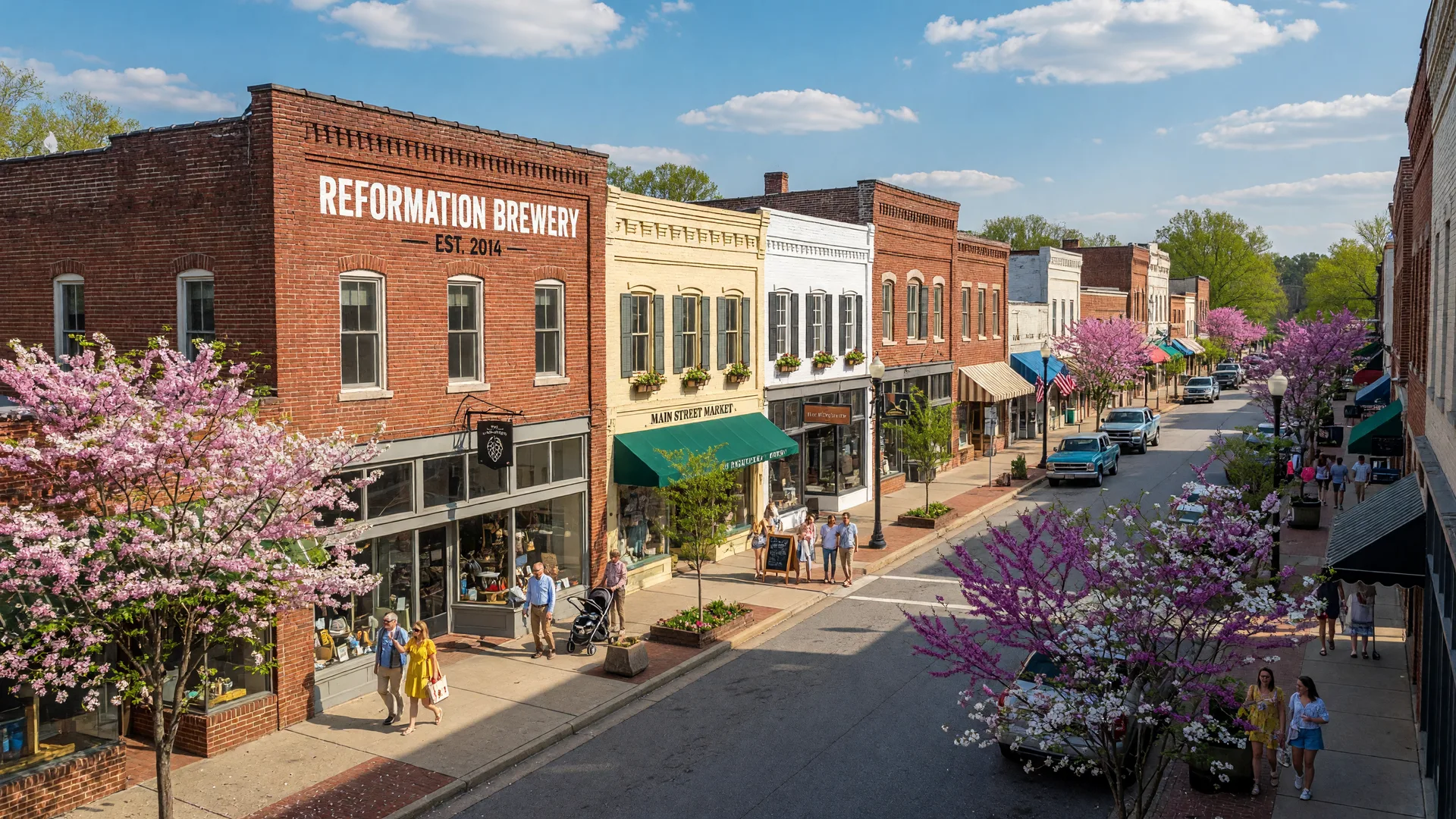 Downtown Woodstock, Georgia featuring historic Main Street storefronts, Reformation Brewery, and shoppers on a bright spring afternoon