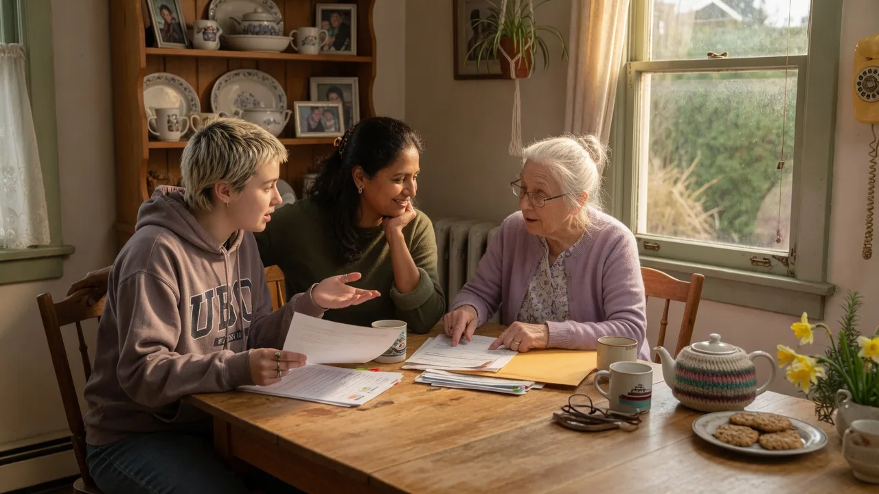 Three generations of family gathered around a kitchen table in a warm Victoria home