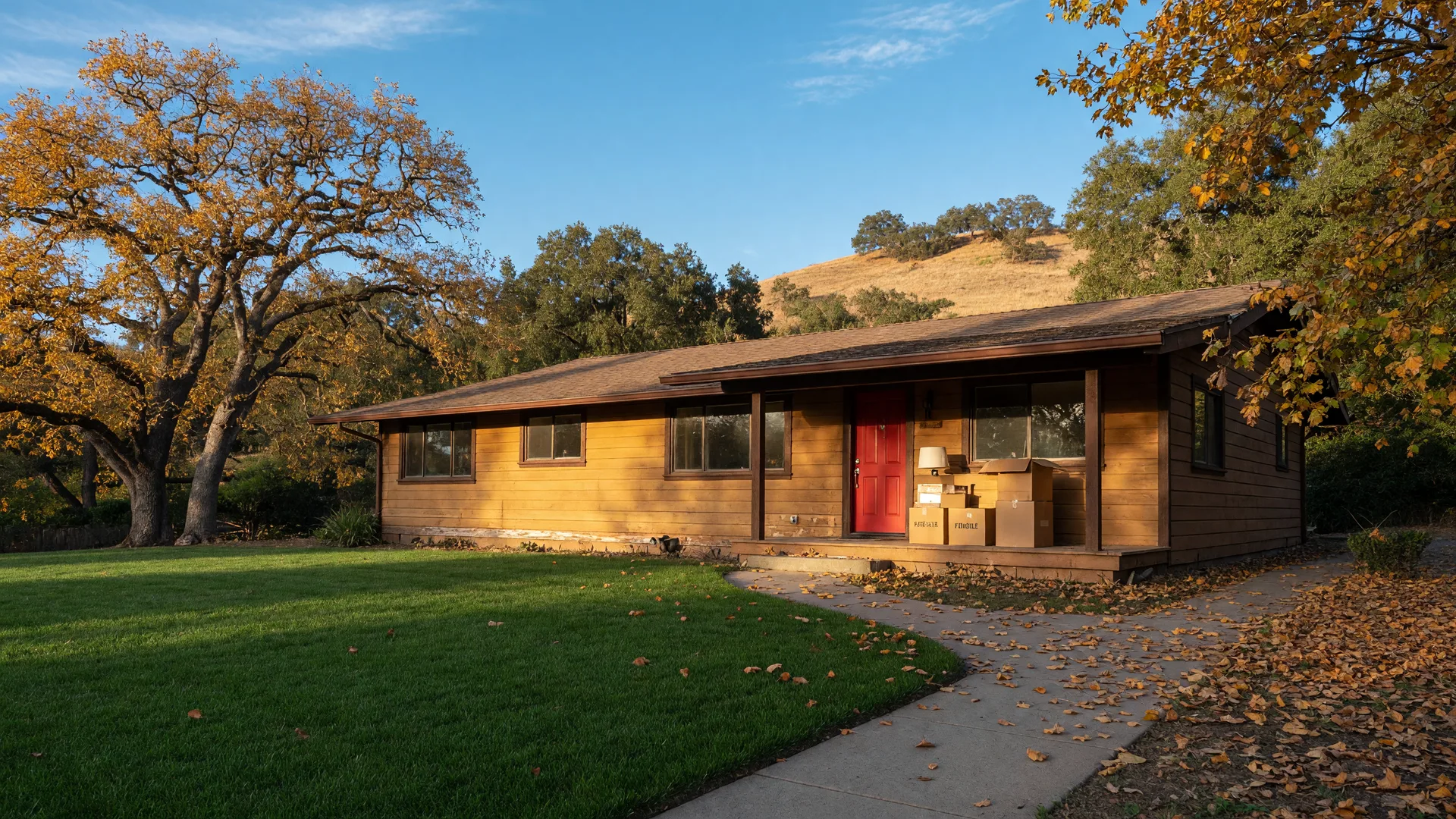A classic California ranch home in the Castro Valley hills on a crisp autumn afternoon with moving boxes on the front porch