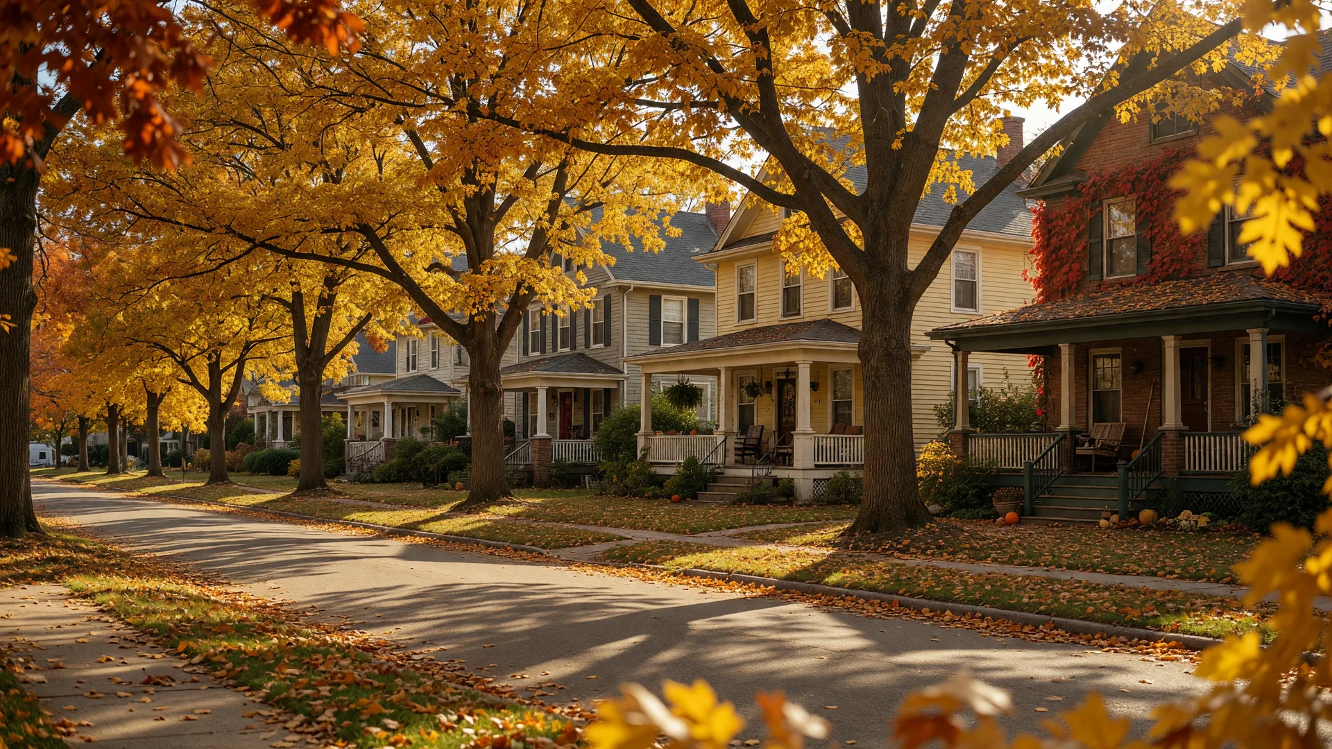 Tree-lined residential street in Birmingham, Michigan during autumn