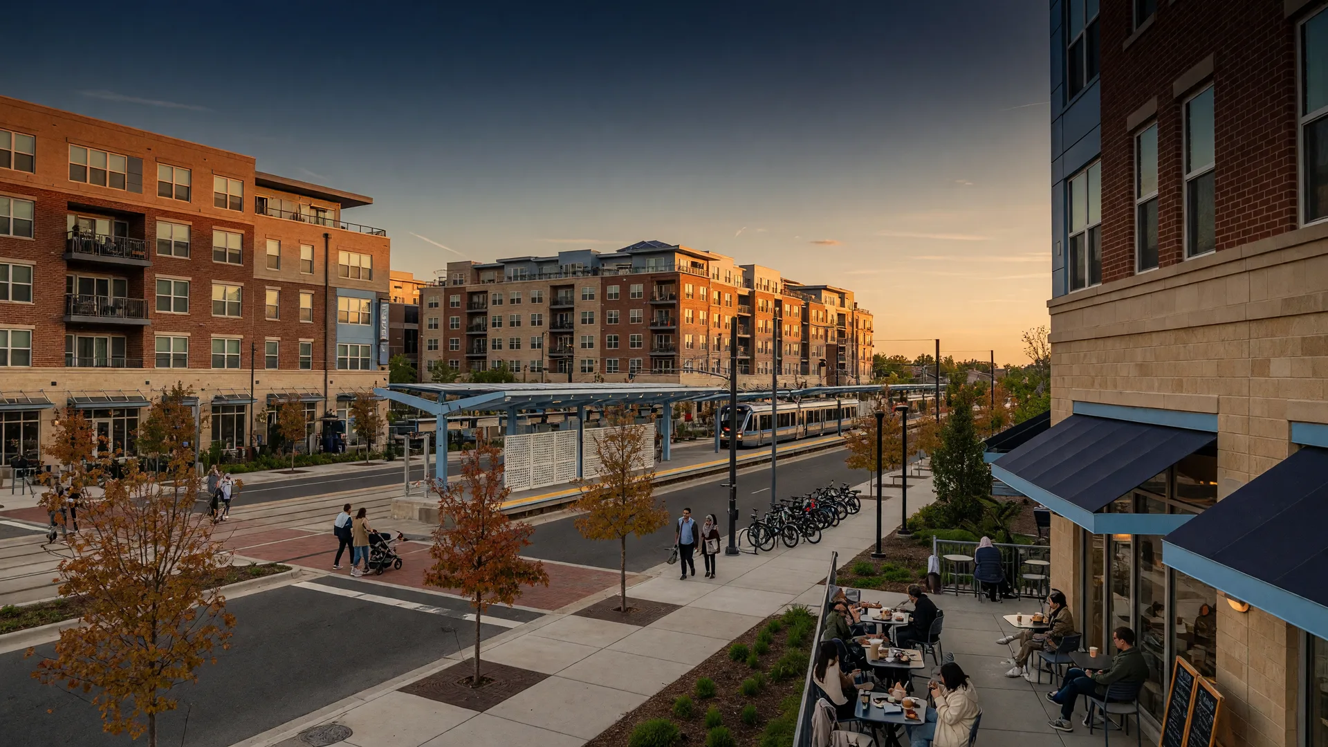 A modern new mixed-use transit community in Northern Virginia at golden hour