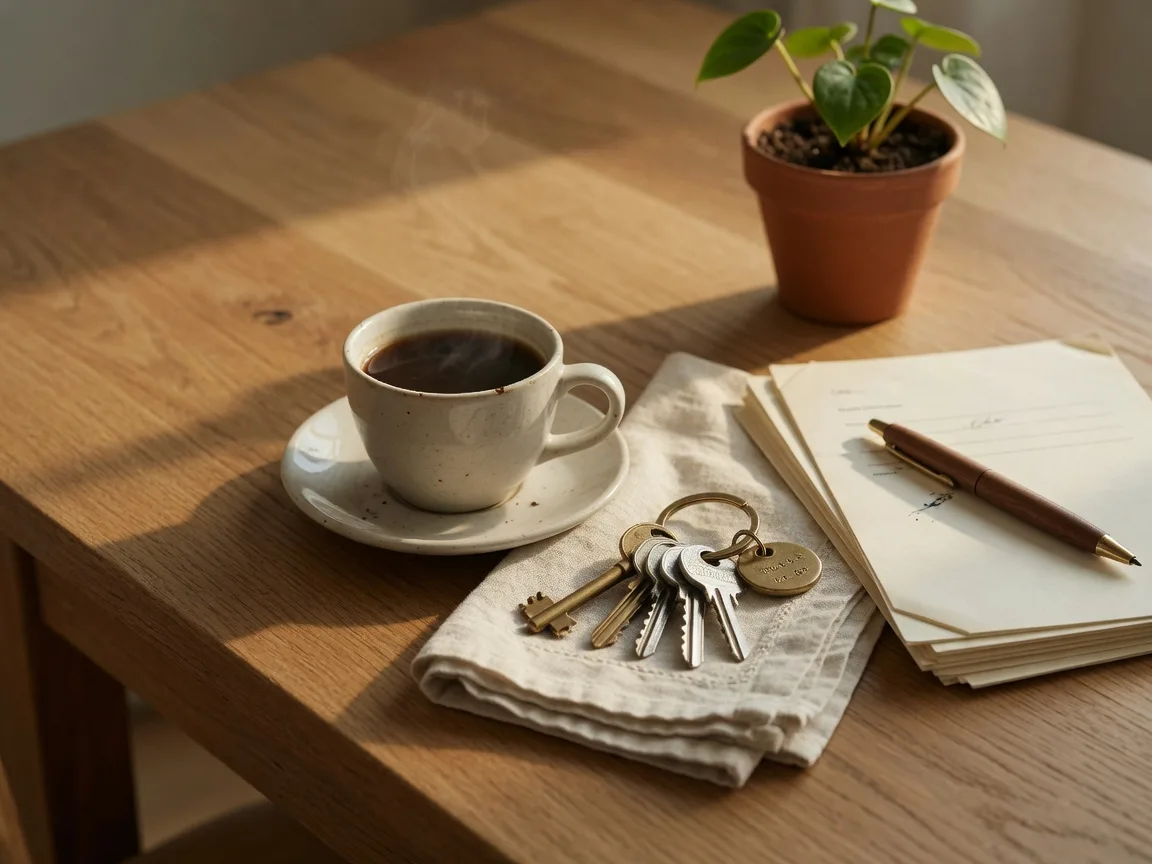 House keys, coffee, and listing documents on a warm oak table in morning light
