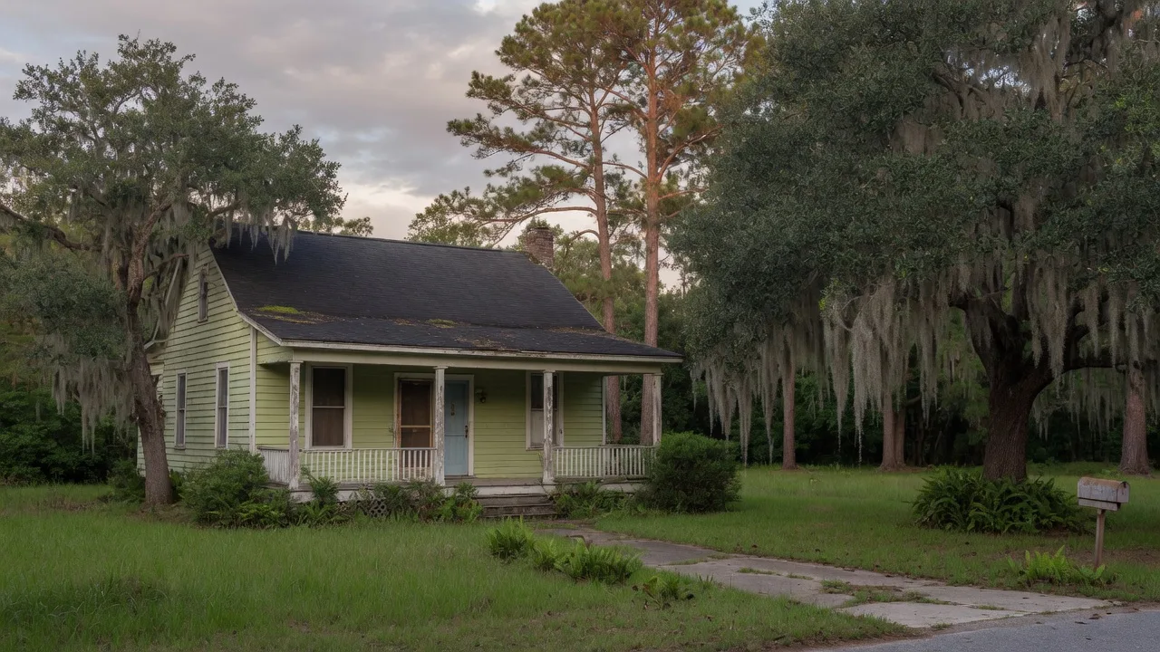 A modest older Lowcountry home with a weathered roof, peeling porch paint, and an overgrown yard of live oaks and pines in soft late-afternoon light