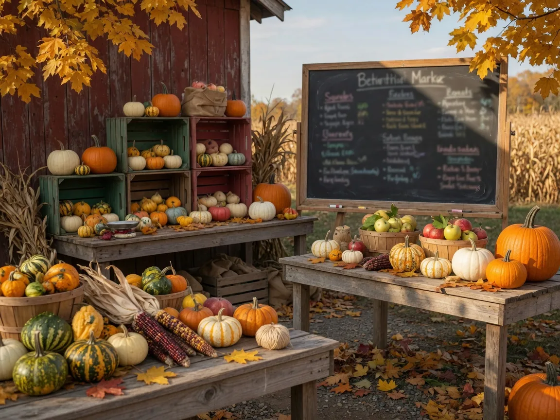 Scenic Virginia farm market in autumn with wooden tables of pumpkins, gourds, apples, and Indian corn under warm afternoon light