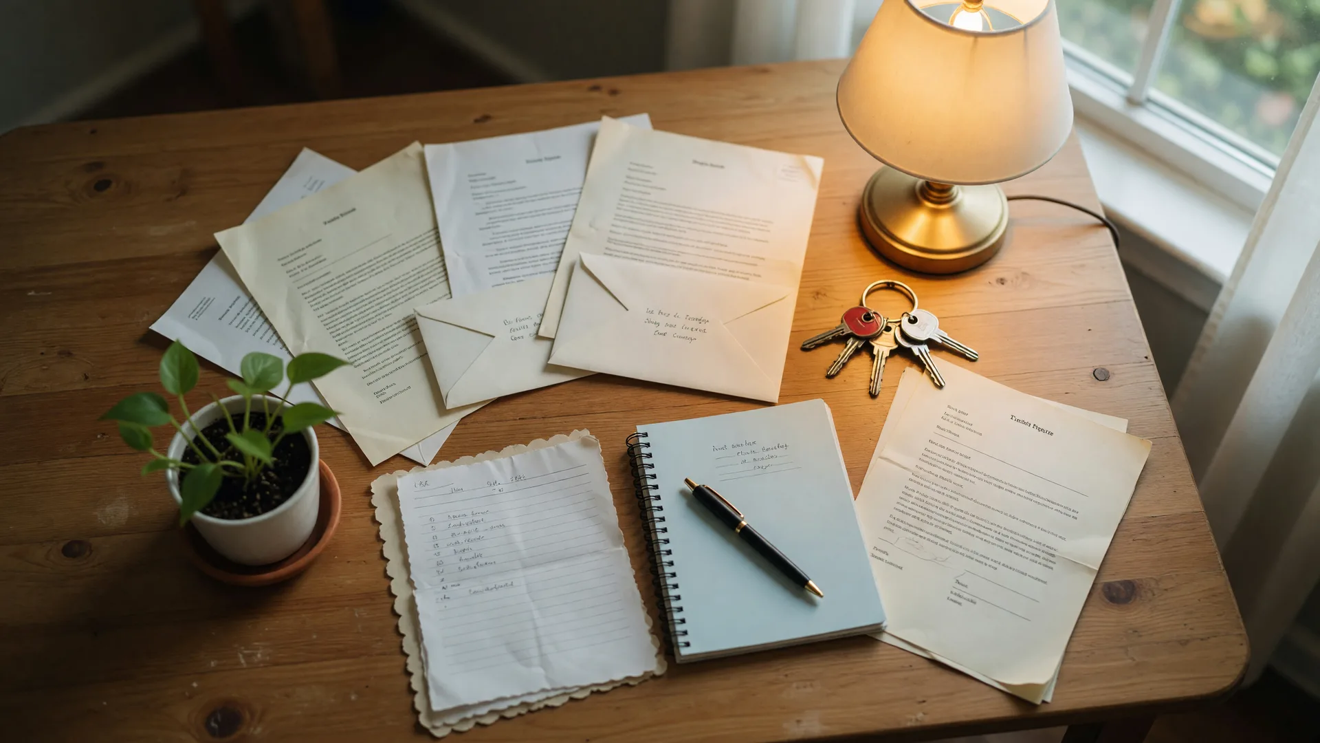A notebook, house keys, and pen on a dining table — helping parents sell their home