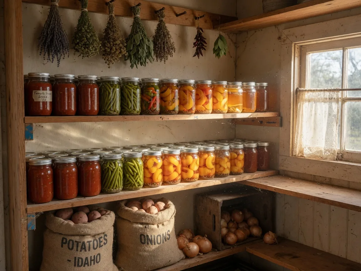 Rows of home-canned jars on wooden pantry shelves with burlap sacks of potatoes and onions below