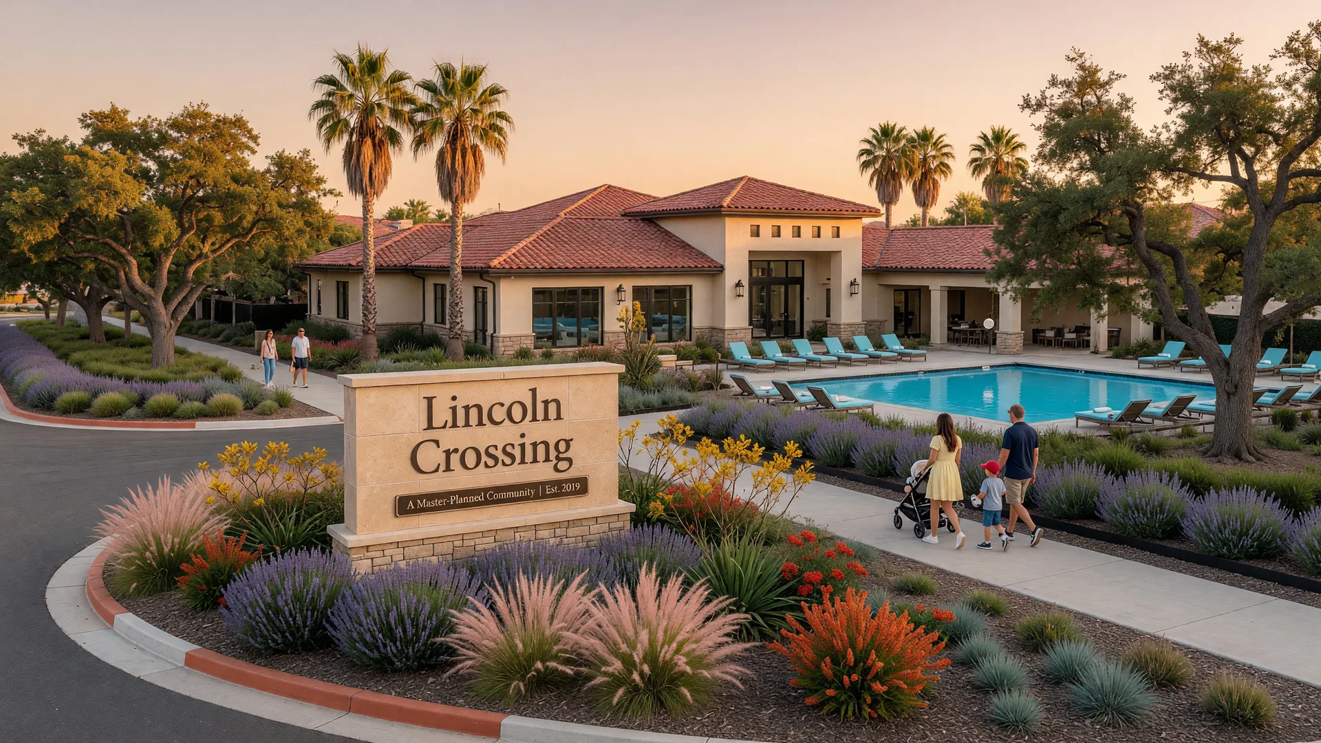 Master-planned community entrance in Northern California with a stone monument sign, clubhouse, community pool, and drought-tolerant landscaping at golden hour