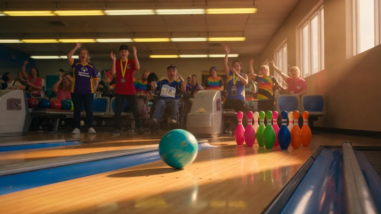 Bowling ball rolling down a polished wooden lane at a Special Olympics bowling tournament