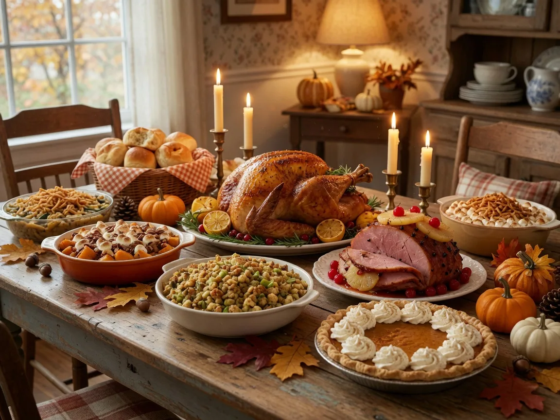 A family-style Thanksgiving spread with a roasted turkey, glazed ham, sides, and pumpkin pie on a farmhouse table