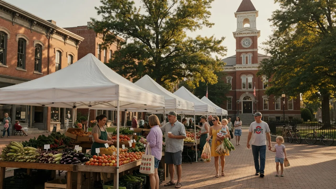 The Wilmington Ohio Saturday Farmers Market at Courthouse Square with community members shopping at local vendor tents under a late summer afternoon sun
