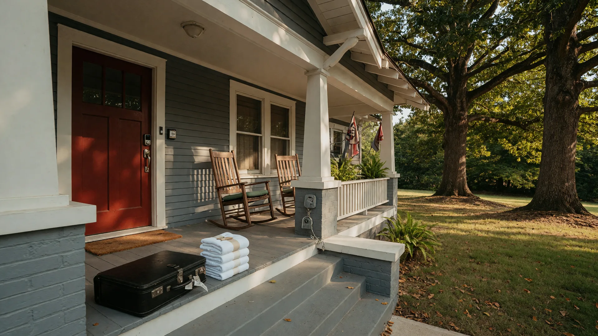 An Atlanta craftsman bungalow prepared for short-term rental guests, with rocking chairs on the front porch, a smart lock on the door, and a suitcase on the steps in warm golden light