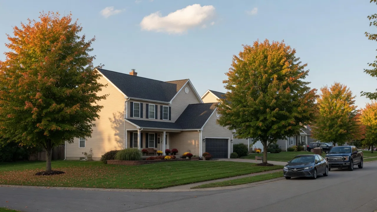 A two-story suburban home in Mentor, Ohio with trees beginning to show fall color on a quiet street
