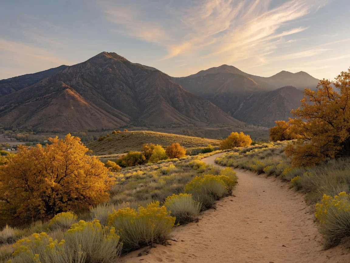 A sandy hiking trail winding through golden scrub oak in the Oquirrh Mountain foothills behind Herriman Utah in early autumn light