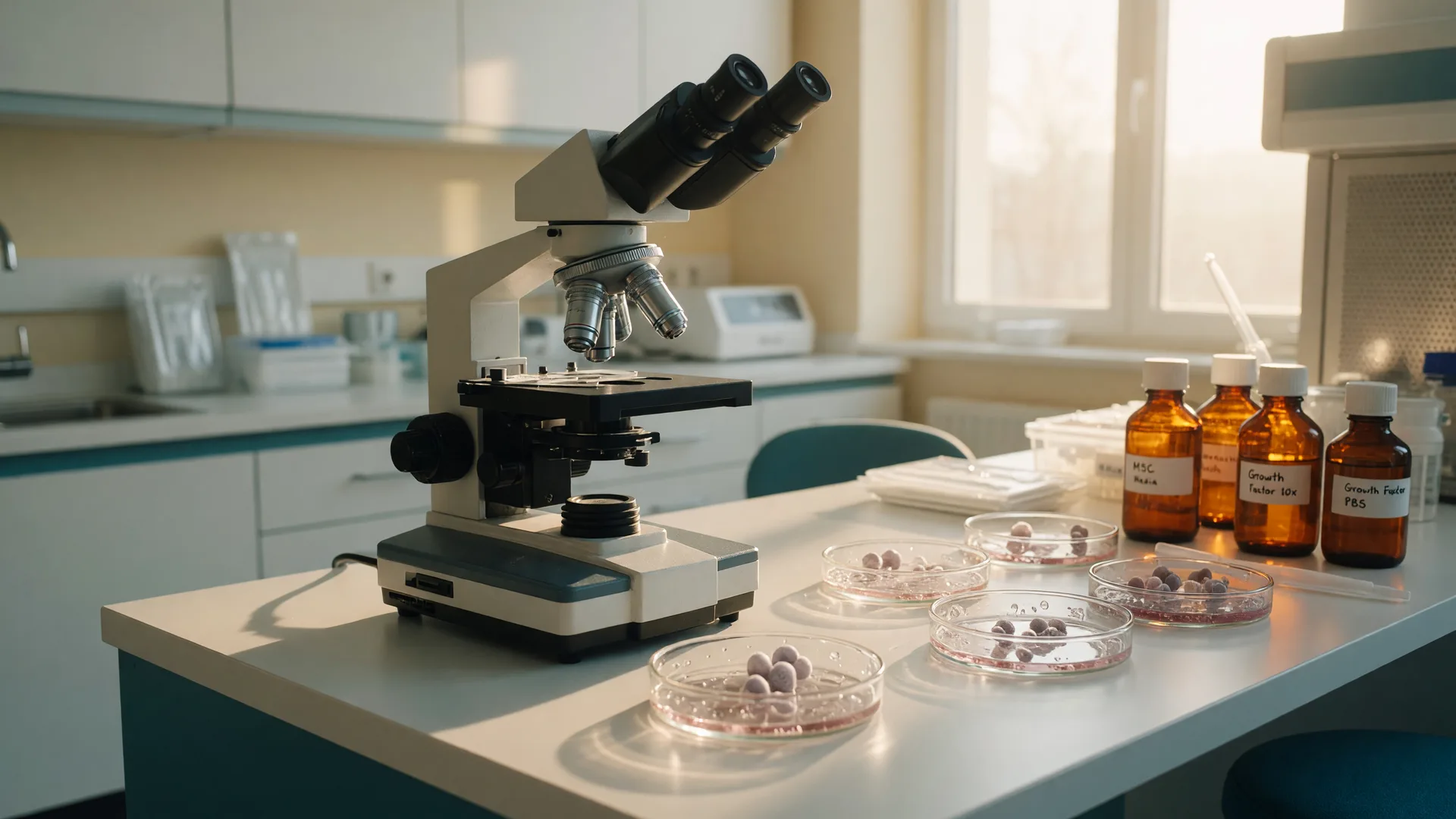 A modern regenerative medicine laboratory with a microscope in sharp focus, glass culture dishes holding translucent cell clusters, and amber reagent bottles on white counters in warm morning light