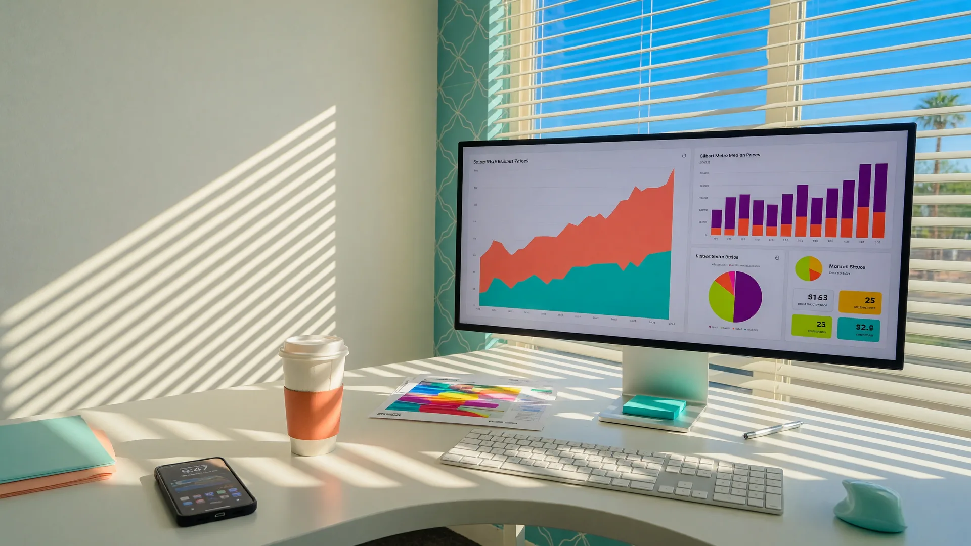 Bright modern office desk with a monitor displaying real estate data charts, a smartphone, and a coffee cup in warm natural light