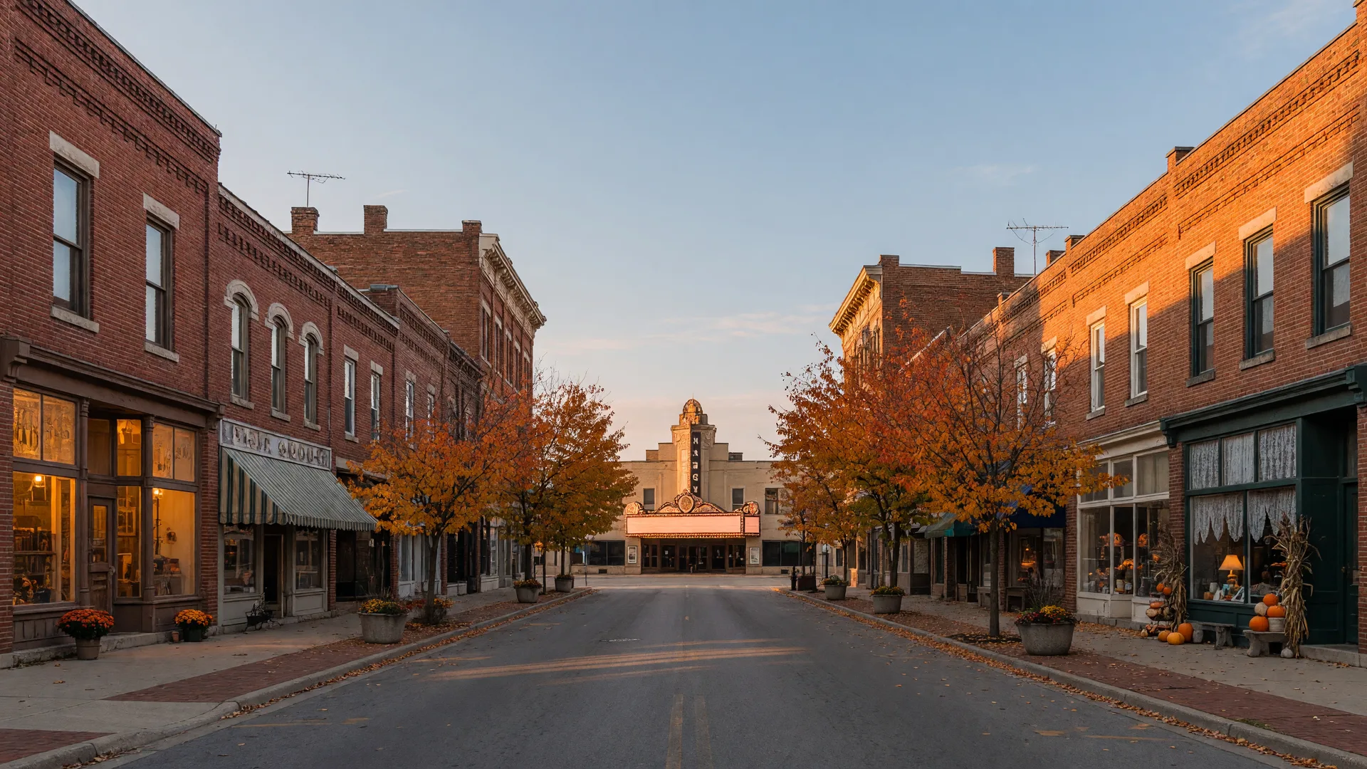 Historic brick storefronts downtown at golden hour with autumn trees