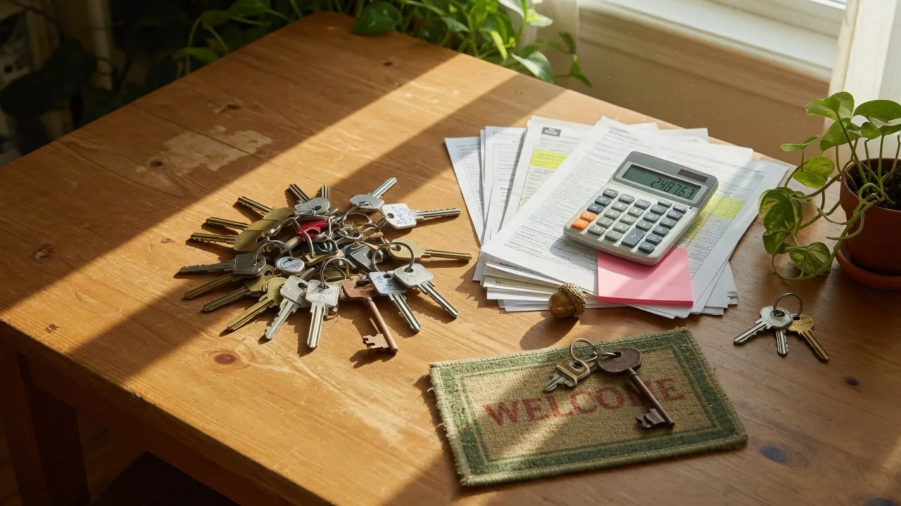 House keys and financial documents on a sunlit wooden table representing down payment assistance options