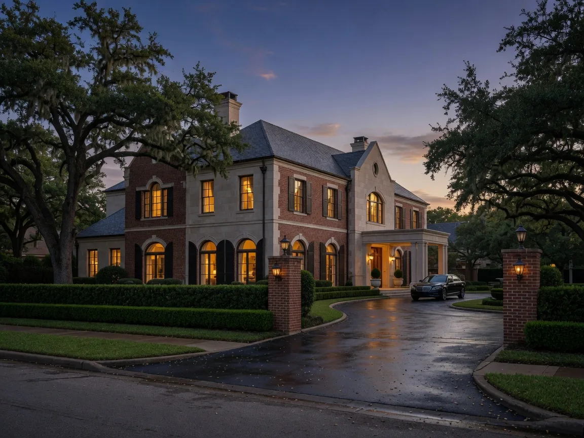 Stately Park Cities-style Dallas luxury estate at dusk with glowing arched windows and mature oak trees