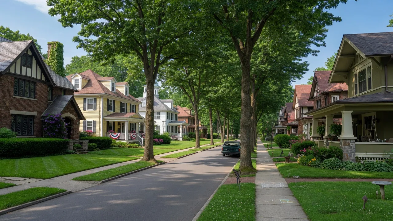 A tree-lined residential street in Oakwood, Ohio with elegant historic homes under summer sunlight