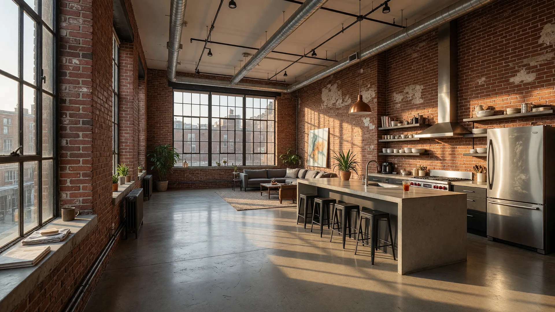 Converted industrial loft interior in Old City Philadelphia with exposed brick, factory windows, and modern kitchen