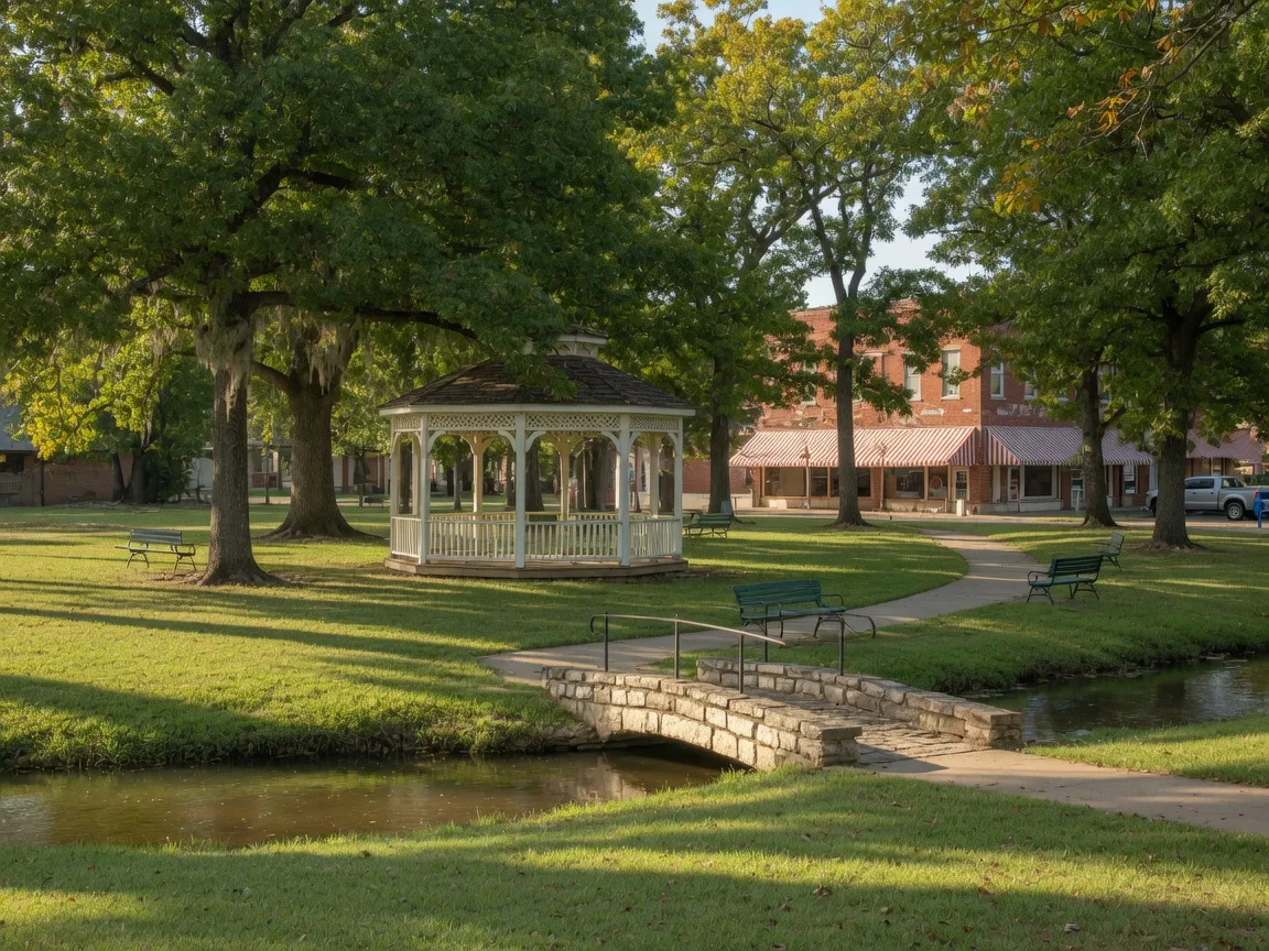 A leafy downtown Belton park beside a creek with a gazebo and a stone footbridge