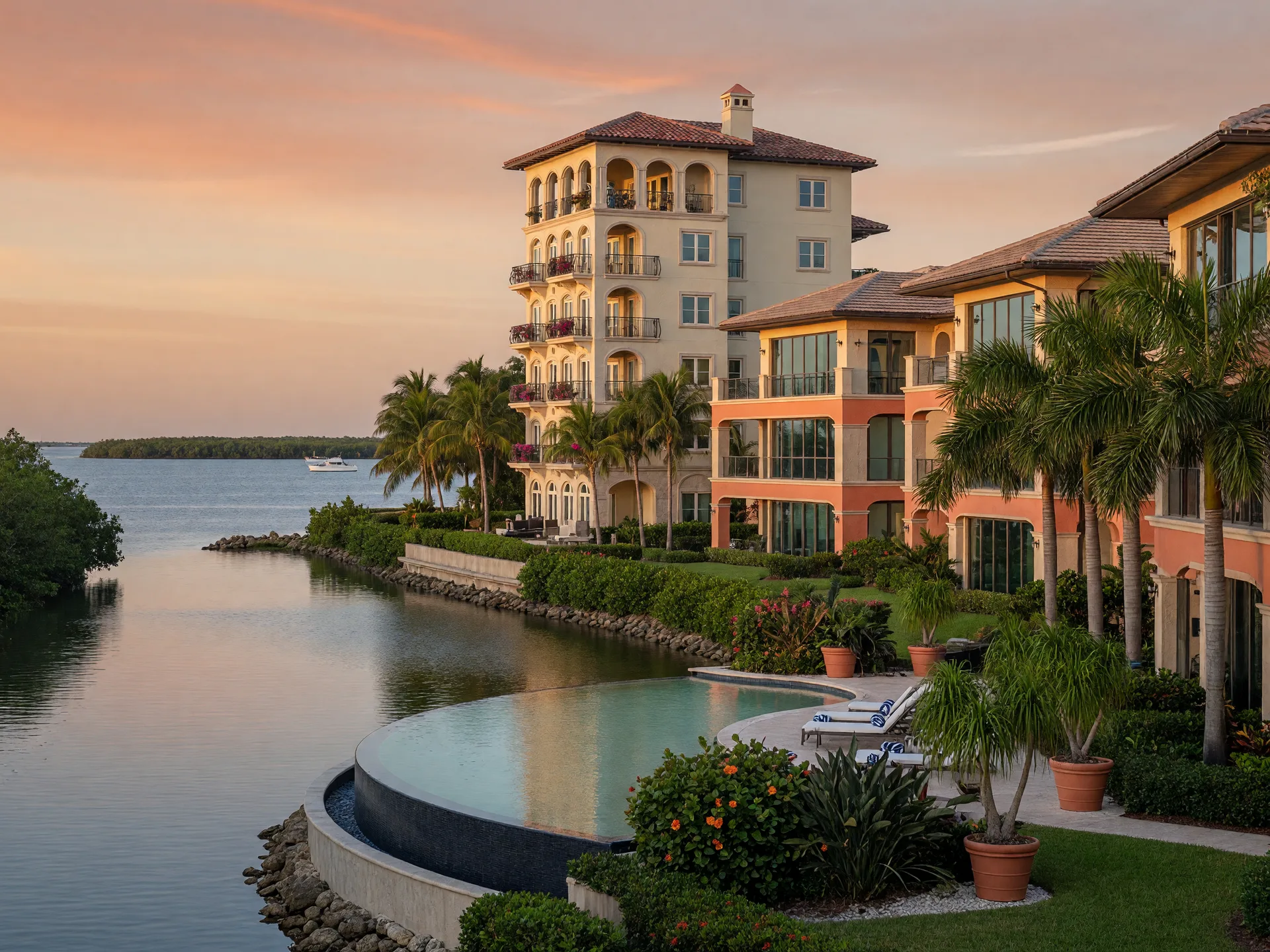 Waterfront luxury second-home community in Naples, Florida with Mediterranean-style towers, palms, and a curved pool at golden hour