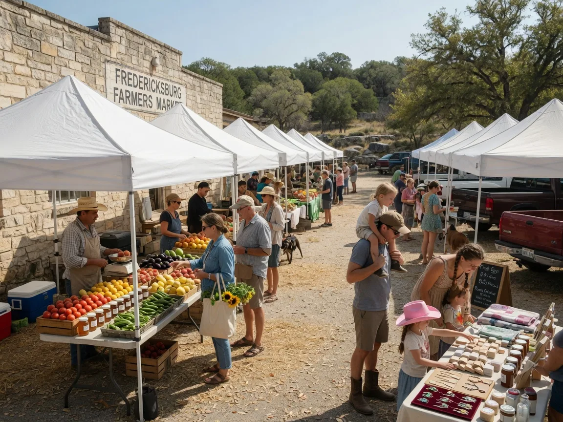 A local farmers market in a small Texas Hill Country town on a sunny Saturday morning, with white tents, fresh produce, and neighbors browsing and chatting