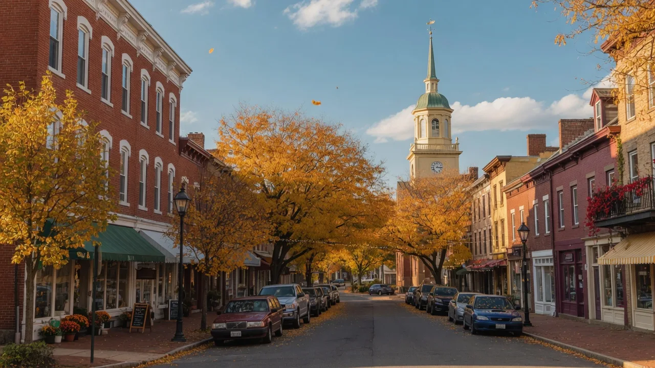 Historic Doylestown downtown streetscape on an autumn afternoon