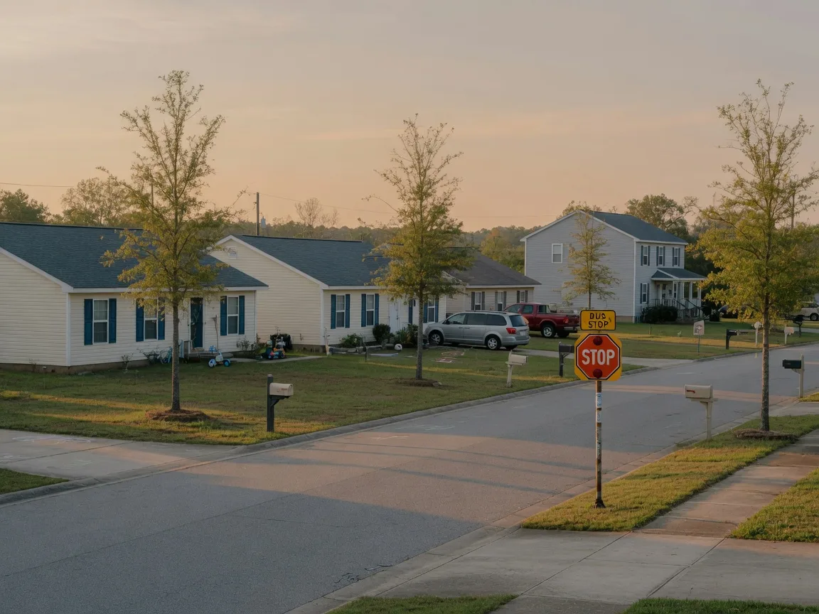 A quiet suburban street in Goose Creek with ranch and two-story homes behind young oak trees and a school bus stop sign