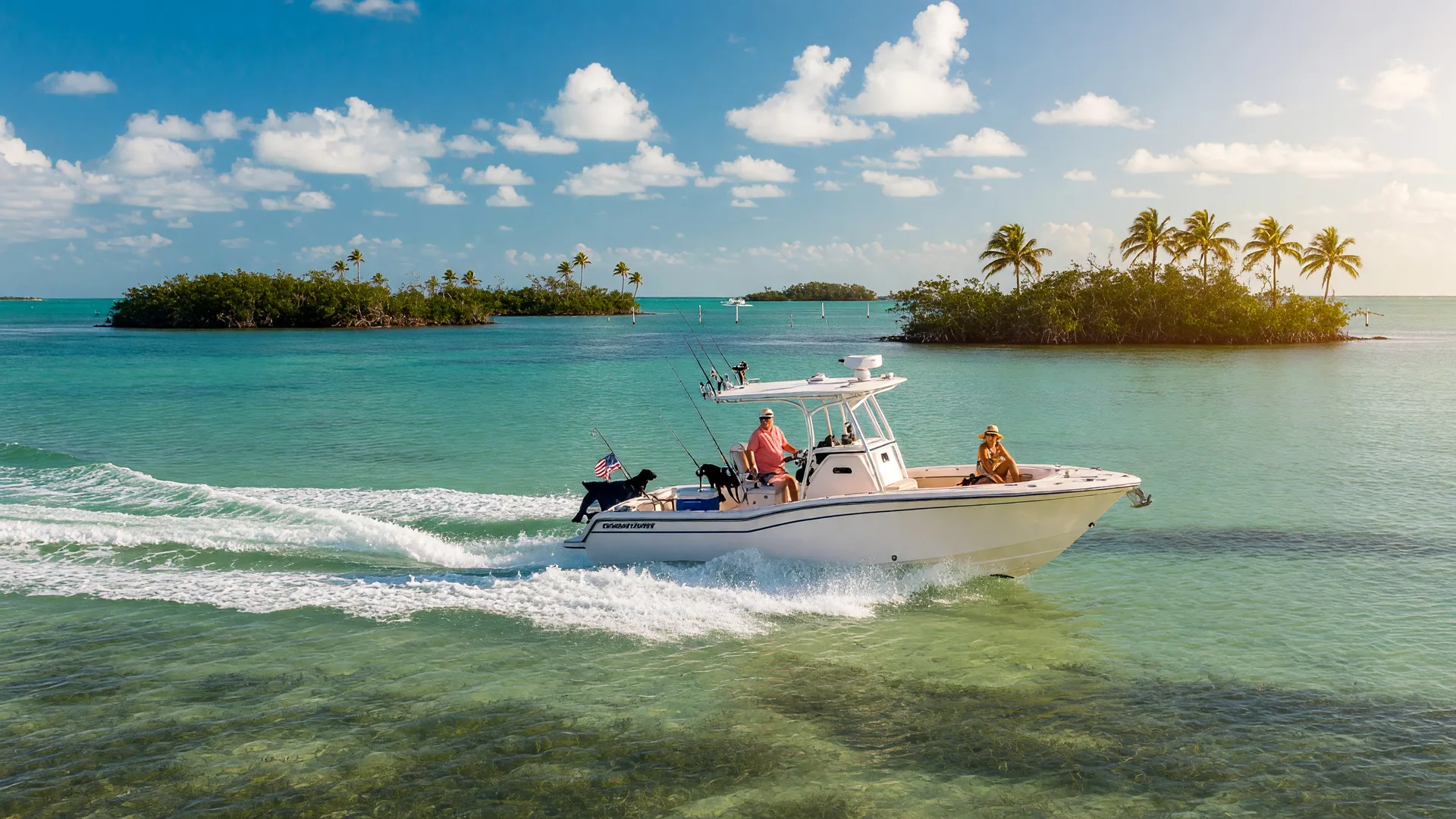 A classic center-console boat cruising through turquoise Florida Keys waters under a bright blue sky, with a clean white wake and distant mangrove islands