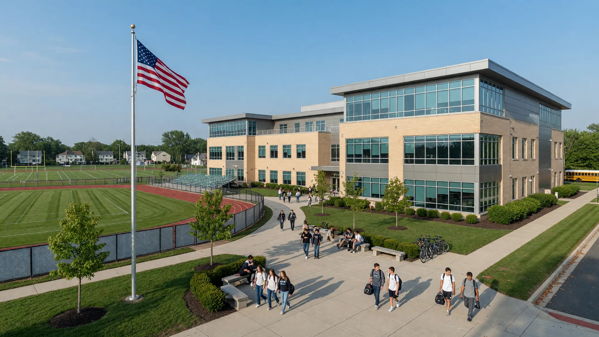 Modern South Jersey public high school on a sunny morning with green athletic fields