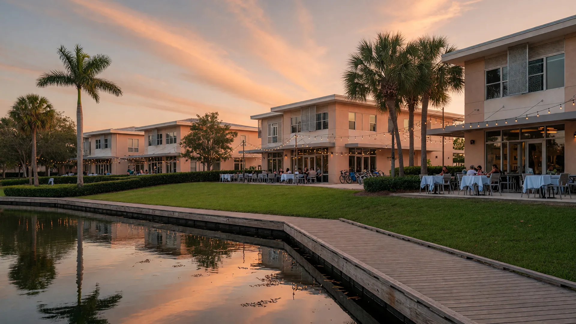 An illustrative editorial view of a planned Florida lakefront town center at golden hour: a calm lake with a boardwalk, contemporary stucco and glass buildings with outdoor dining, and palm trees.