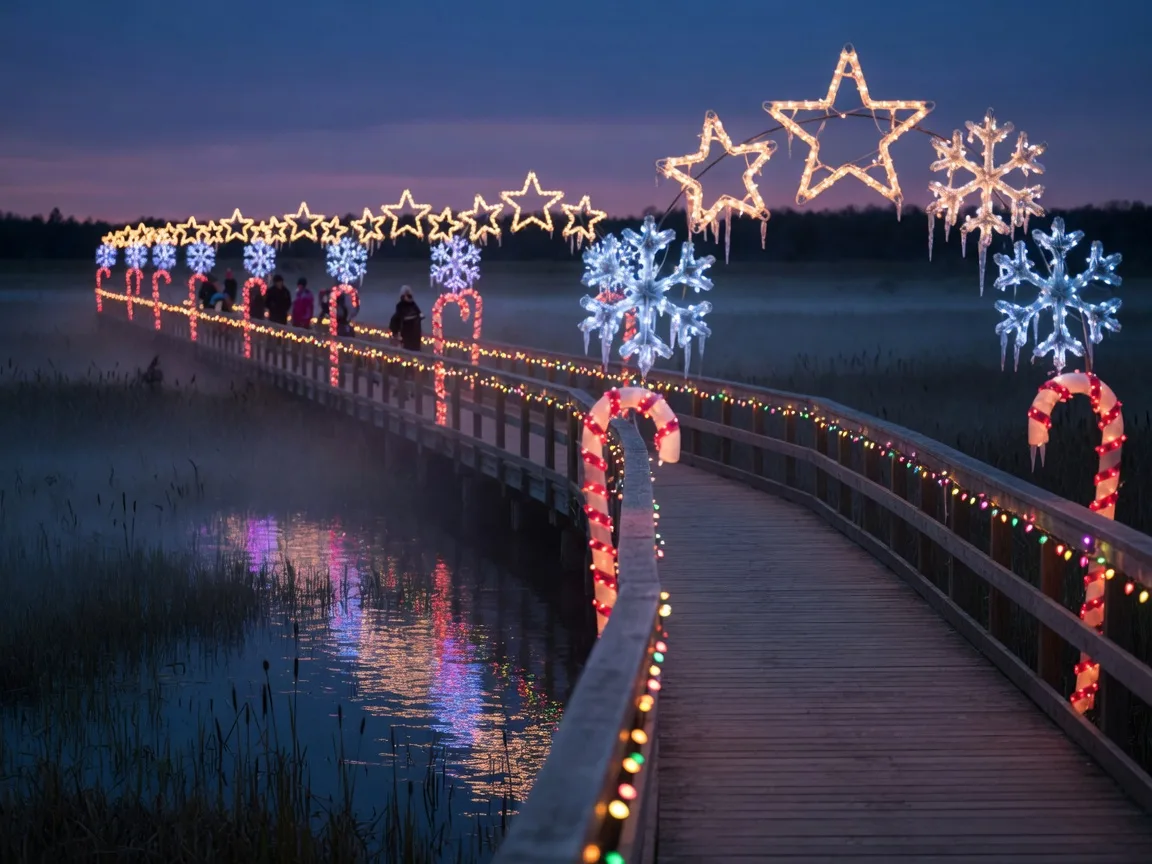 A glowing holiday light trail arching over a wooden boardwalk through a marsh at night