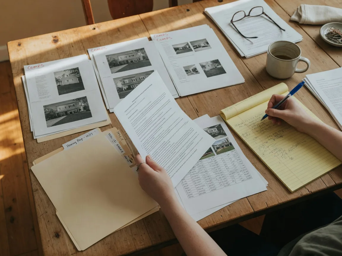 A homeowner reviewing printed documents and comparable sales sheets at a table while preparing for an informal property tax hearing