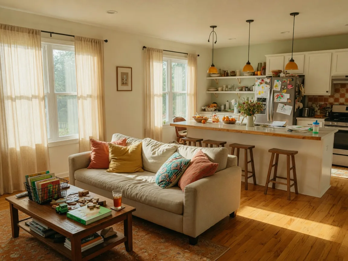 Bright open-concept family living room and kitchen in an Oklahoma home, warm natural light with a linen sofa and wooden coffee table