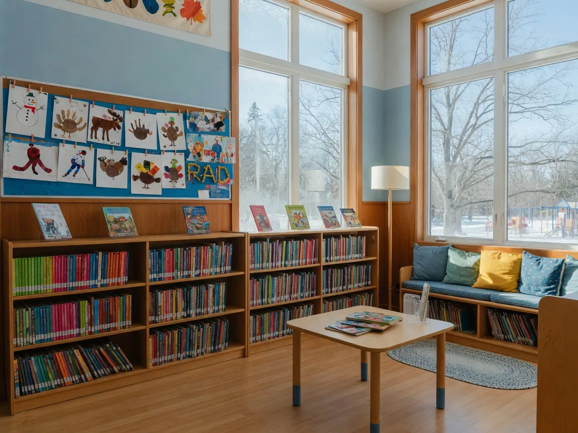 Bright modern elementary school library with wooden bookshelves, a reading nook, and student artwork on the wall