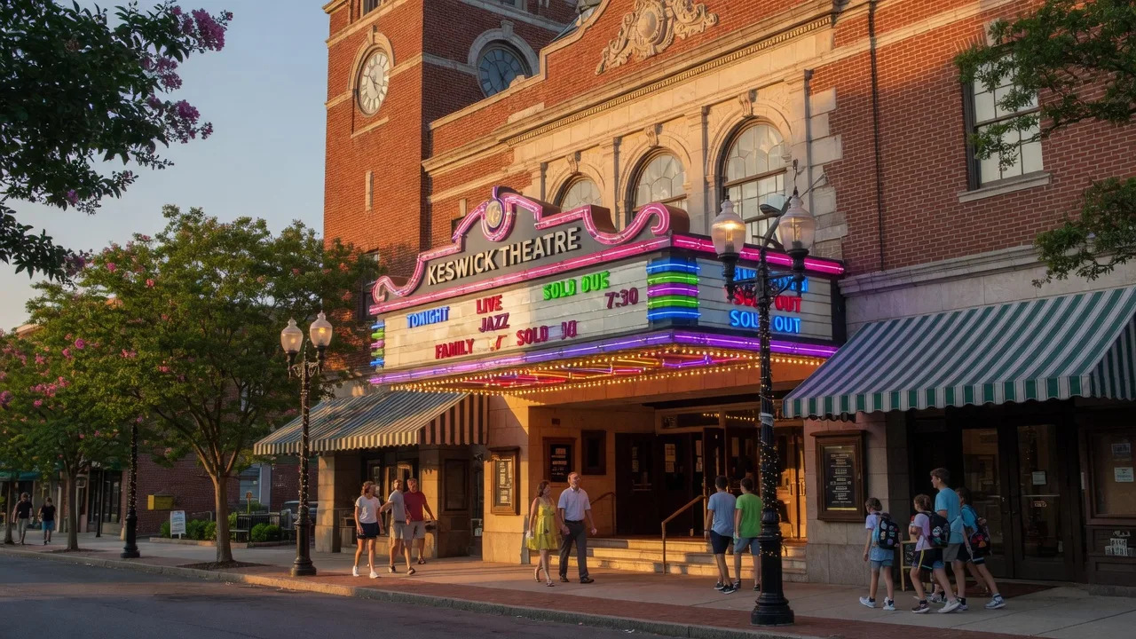 The historic Keswick Theatre in Glenside PA on a warm summer evening, its marquee lit up with event listings, couples and families walking toward the entrance beneath the canopy